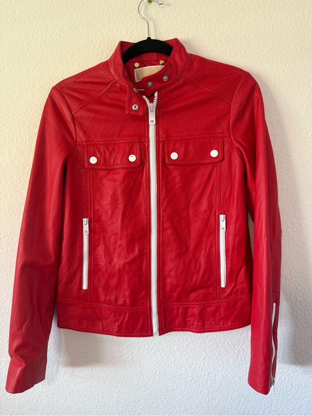 Michael Kors Red Leather Jacket with White Zipper Accents